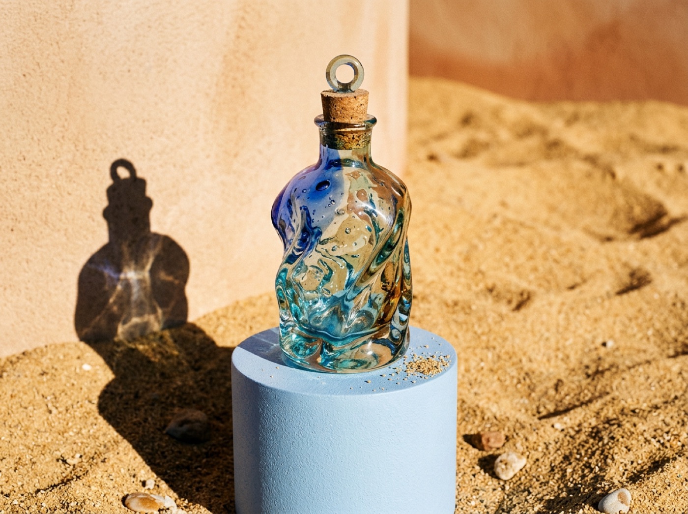 A twisted blown-glass bottle with a cork stopper on a pale blue plinth in warm sand