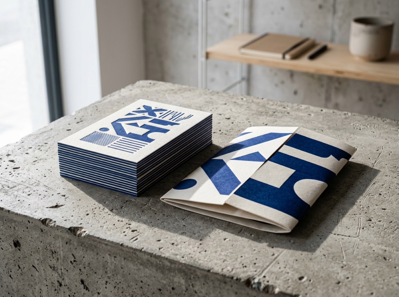 A stack of letterpress cards with blue edges beside a folded printed sleeve on a concrete block