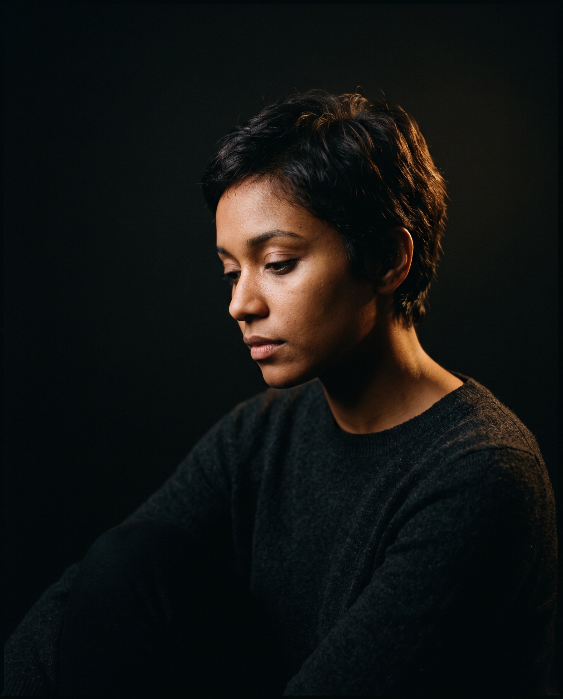 Portrait of a designer looking down, lit from one side against black