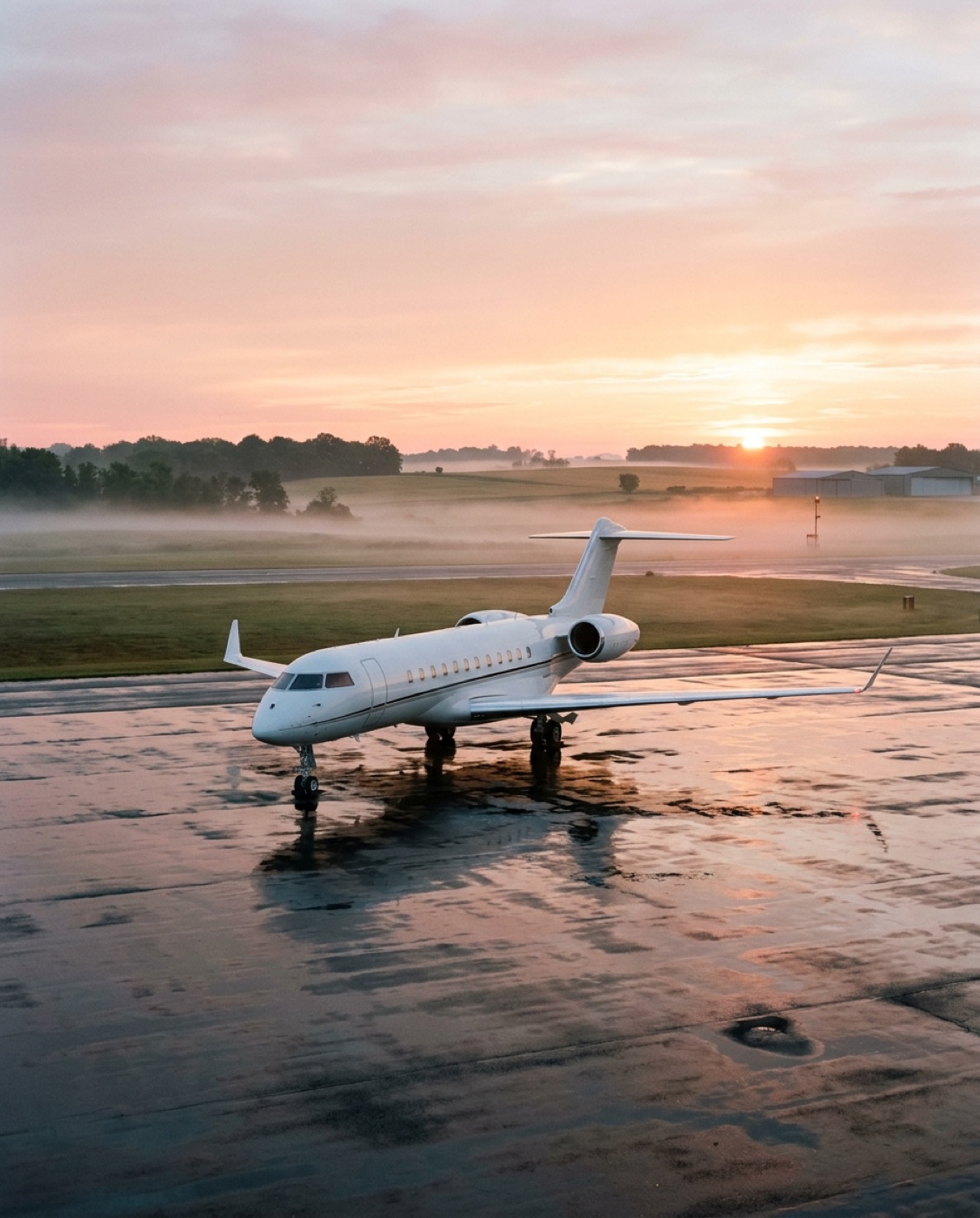 A white private jet on a wet apron at dawn, mist over the fields behind