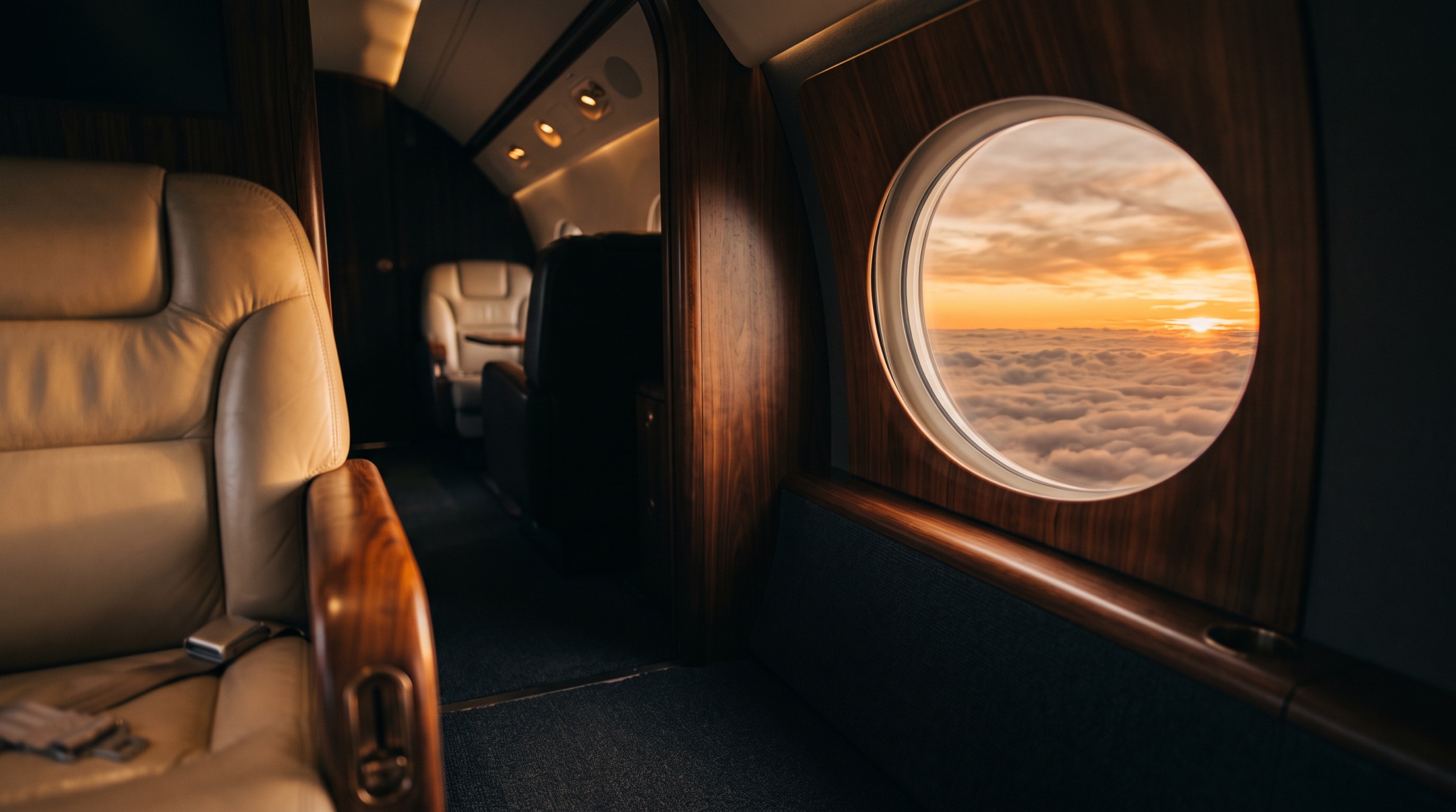 Cabin window at golden hour above a sea of cloud, framed in walnut and cream leather