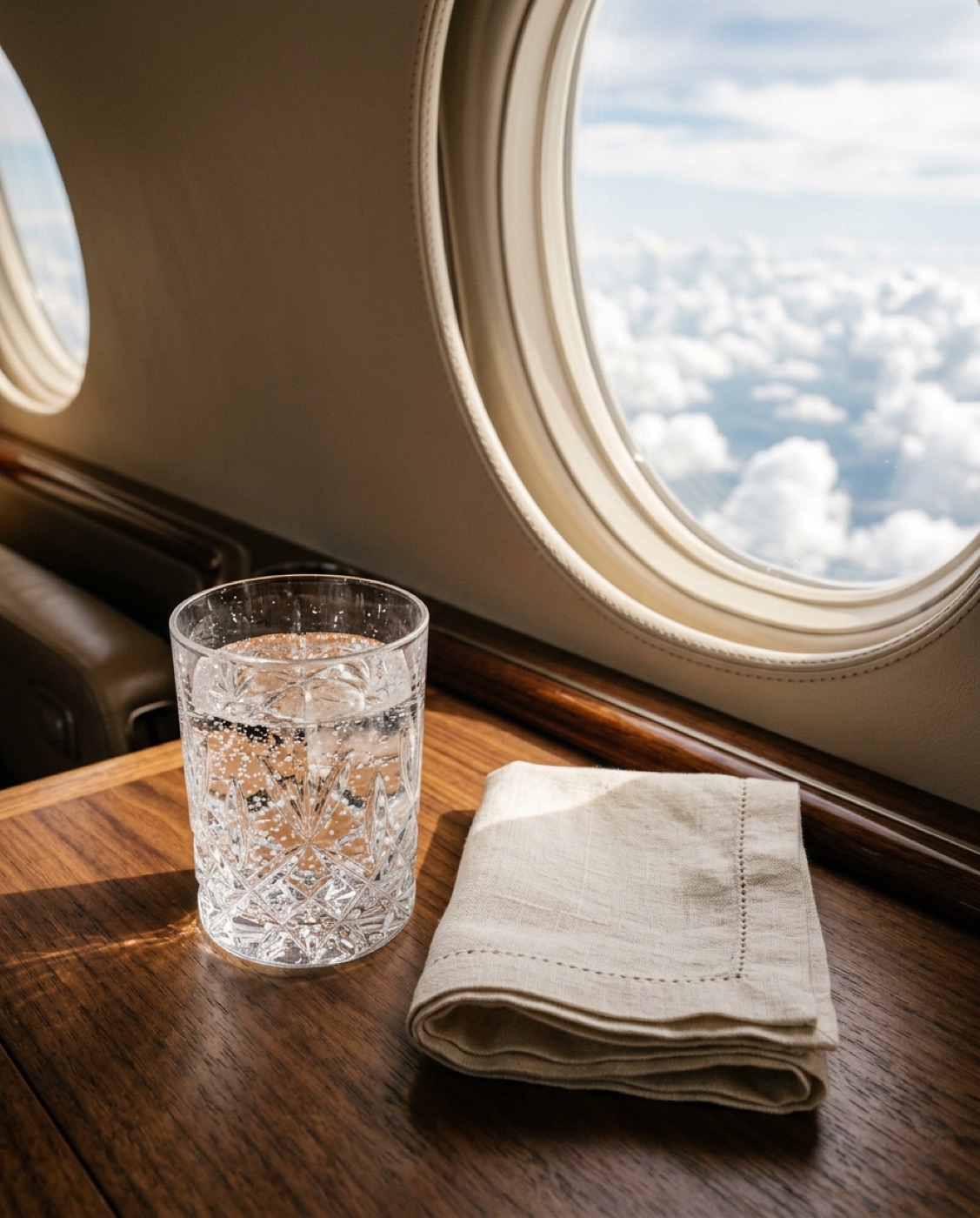 A crystal glass of sparkling water and a folded linen napkin on a walnut table beside a cabin window