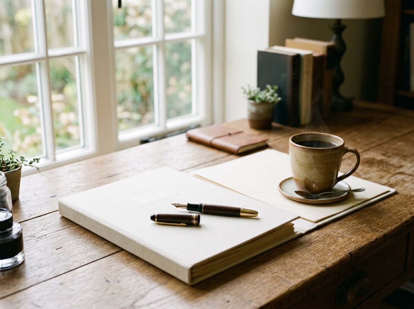 A linen-bound file, fountain pen and cup of coffee on a worn oak desk beside a window