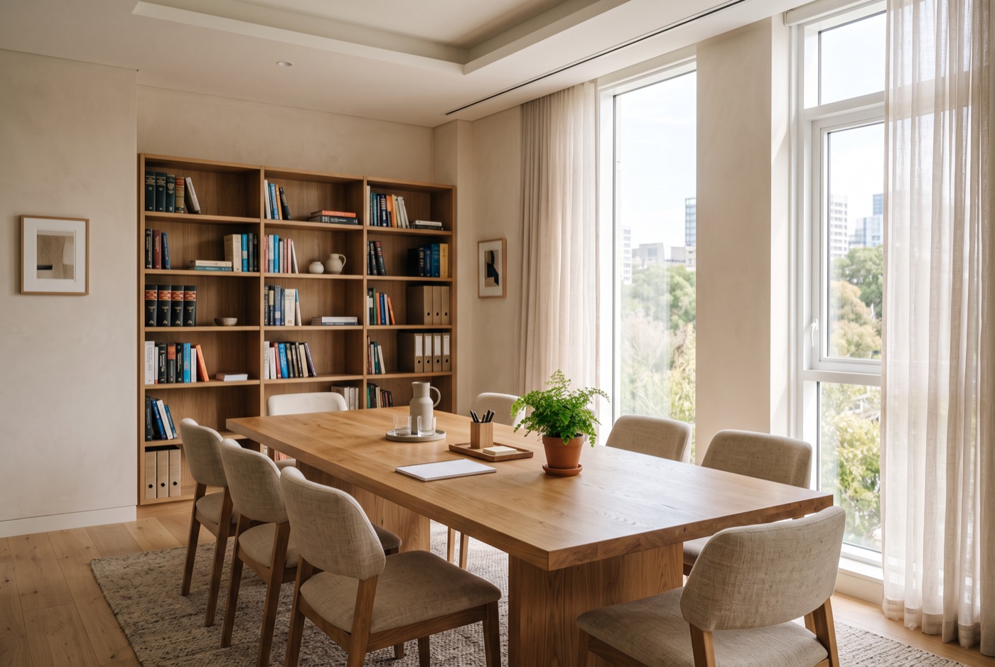 The meeting room at Hale and Marsh with a long oak table, bookshelves and tall windows onto a park