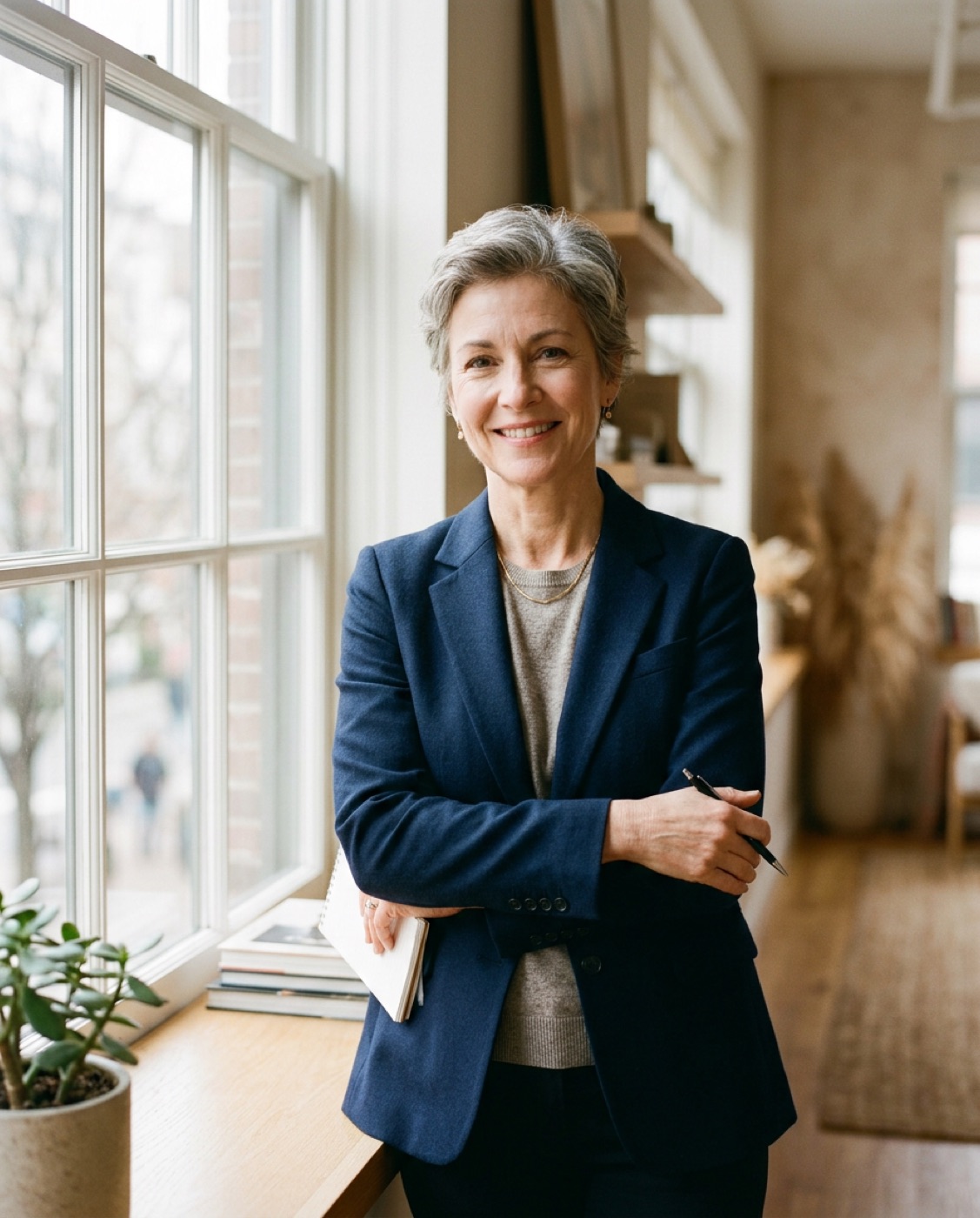 Elena Hale, founding partner, smiling beside a tall window with a notebook