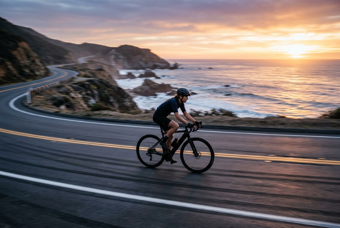 A rider on the Kestrel 01 taking a coastal road corner at sunset