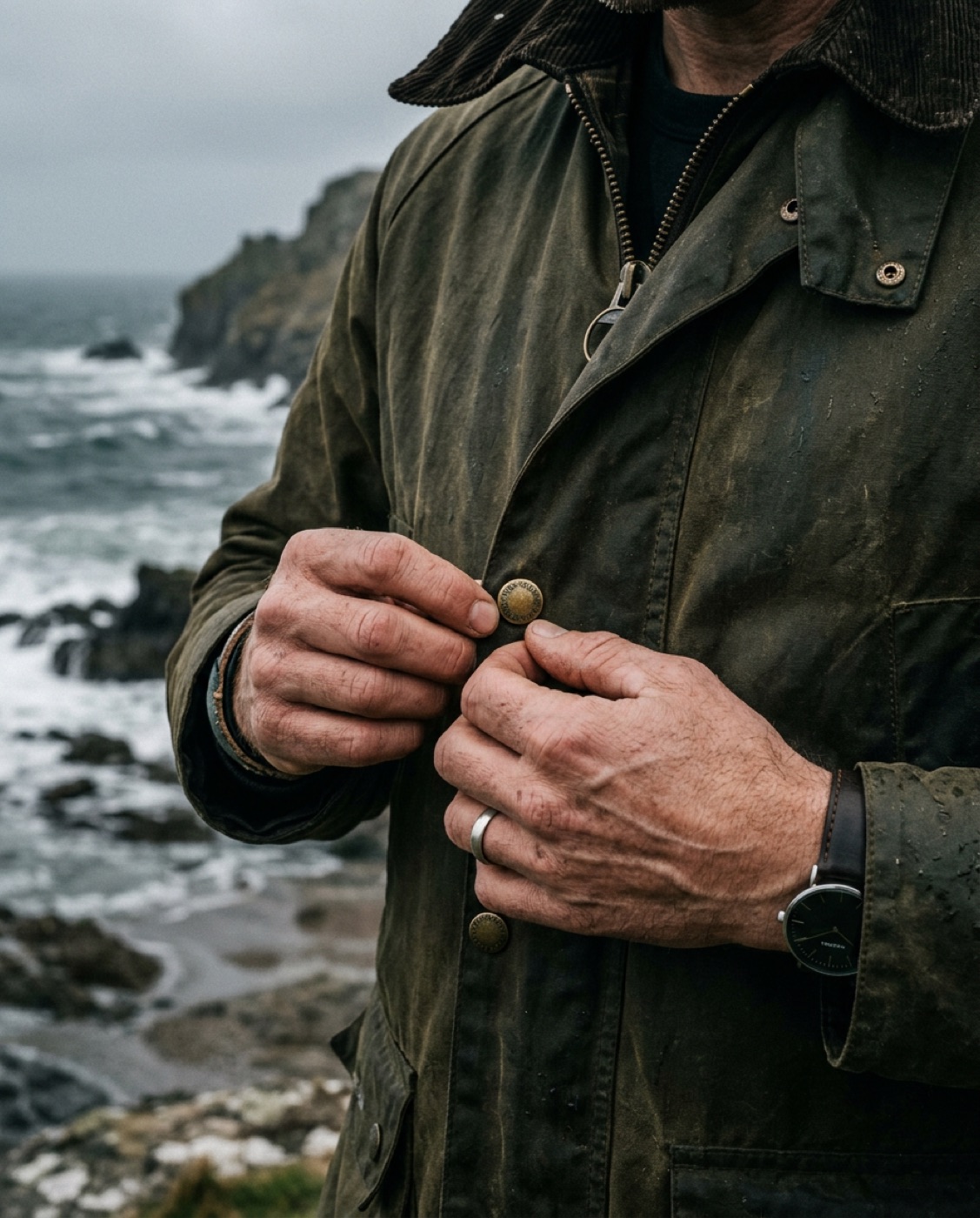 Close view of a waxed jacket button and worn cotton, the kind of wear that gets repaired