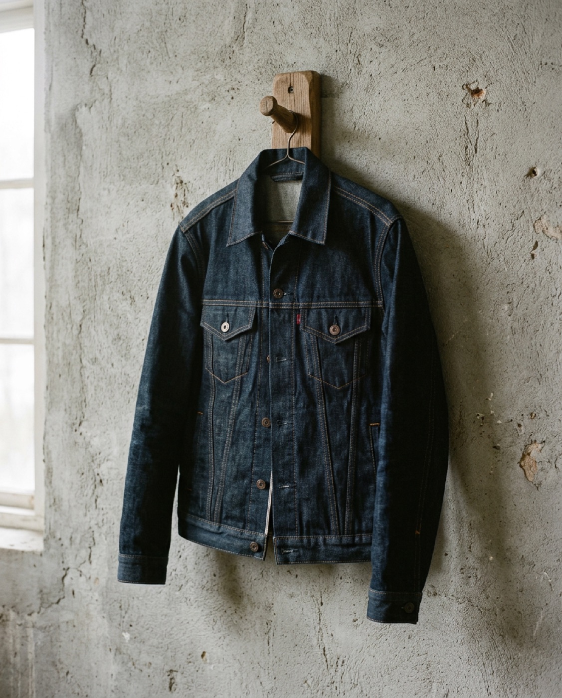 A dark indigo selvedge denim jacket hanging from an oak peg on a concrete wall