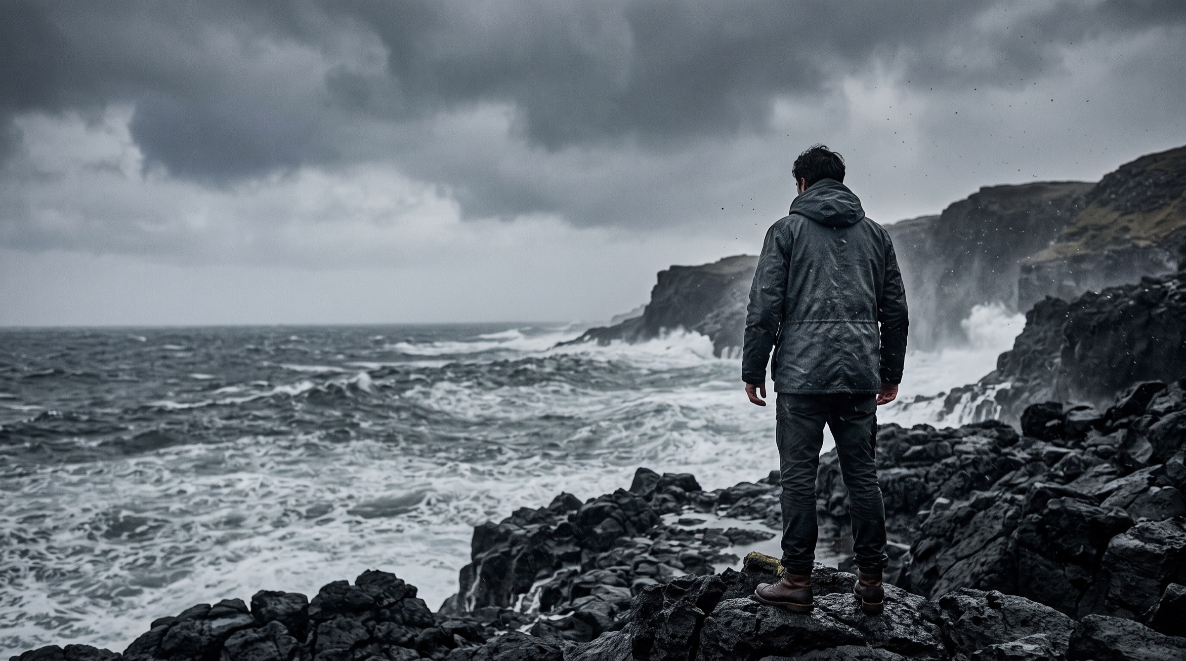 A figure in a waxed grey jacket stands on black rocks facing a storm-driven sea