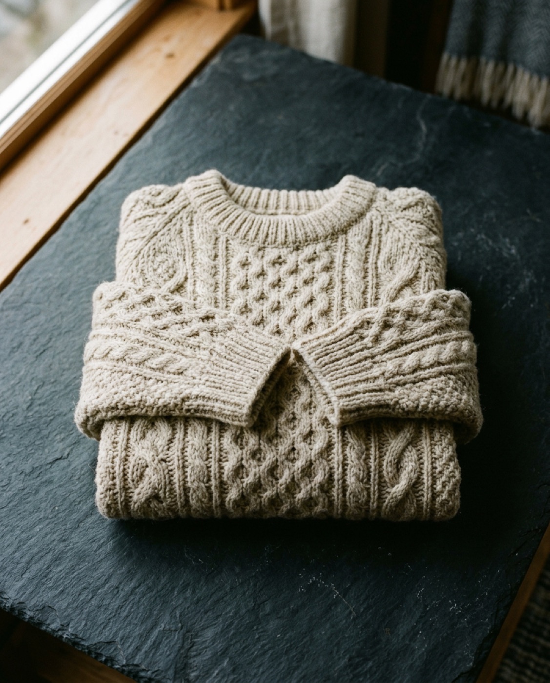 A cream cable-knit sweater folded on a slate slab beside a window