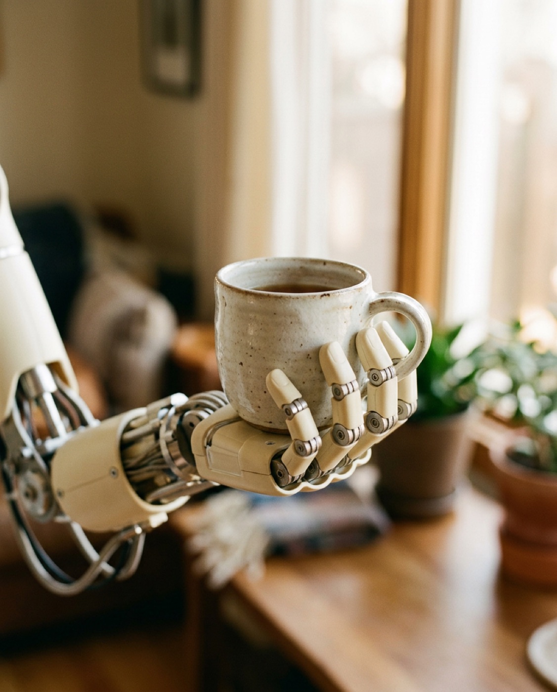 Mira's articulated hand holding a speckled ceramic mug of tea by a sunlit window