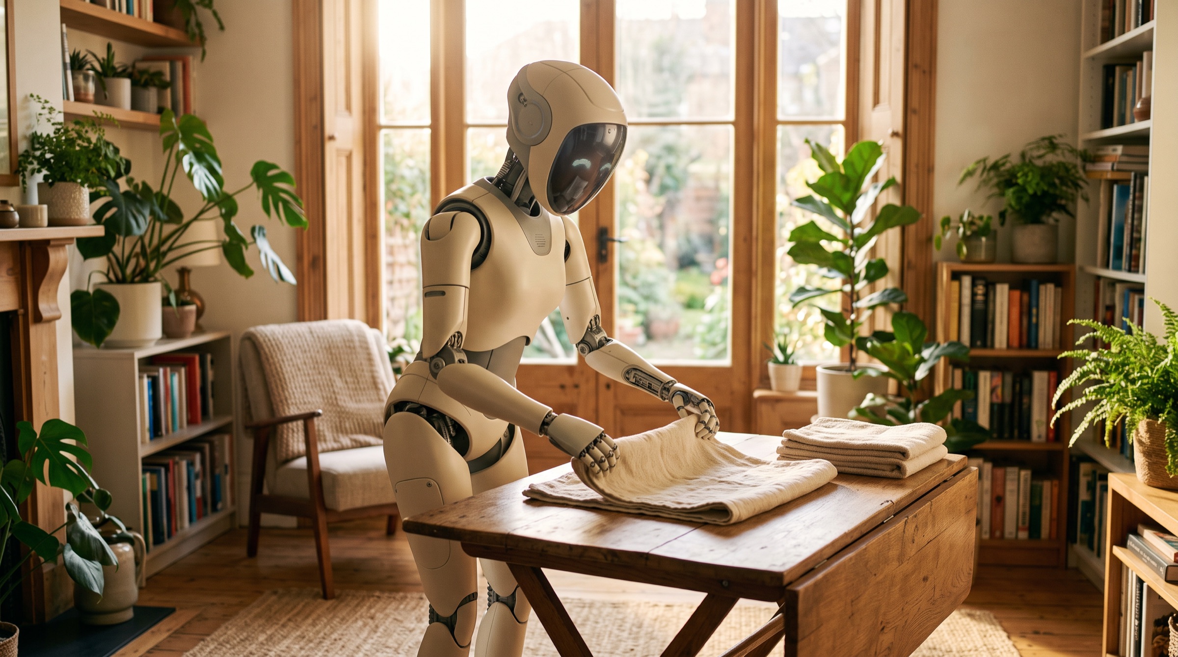 Mira, a cream-coloured humanoid robot, folding linen on a wooden table in a sunlit living room with tall garden doors
