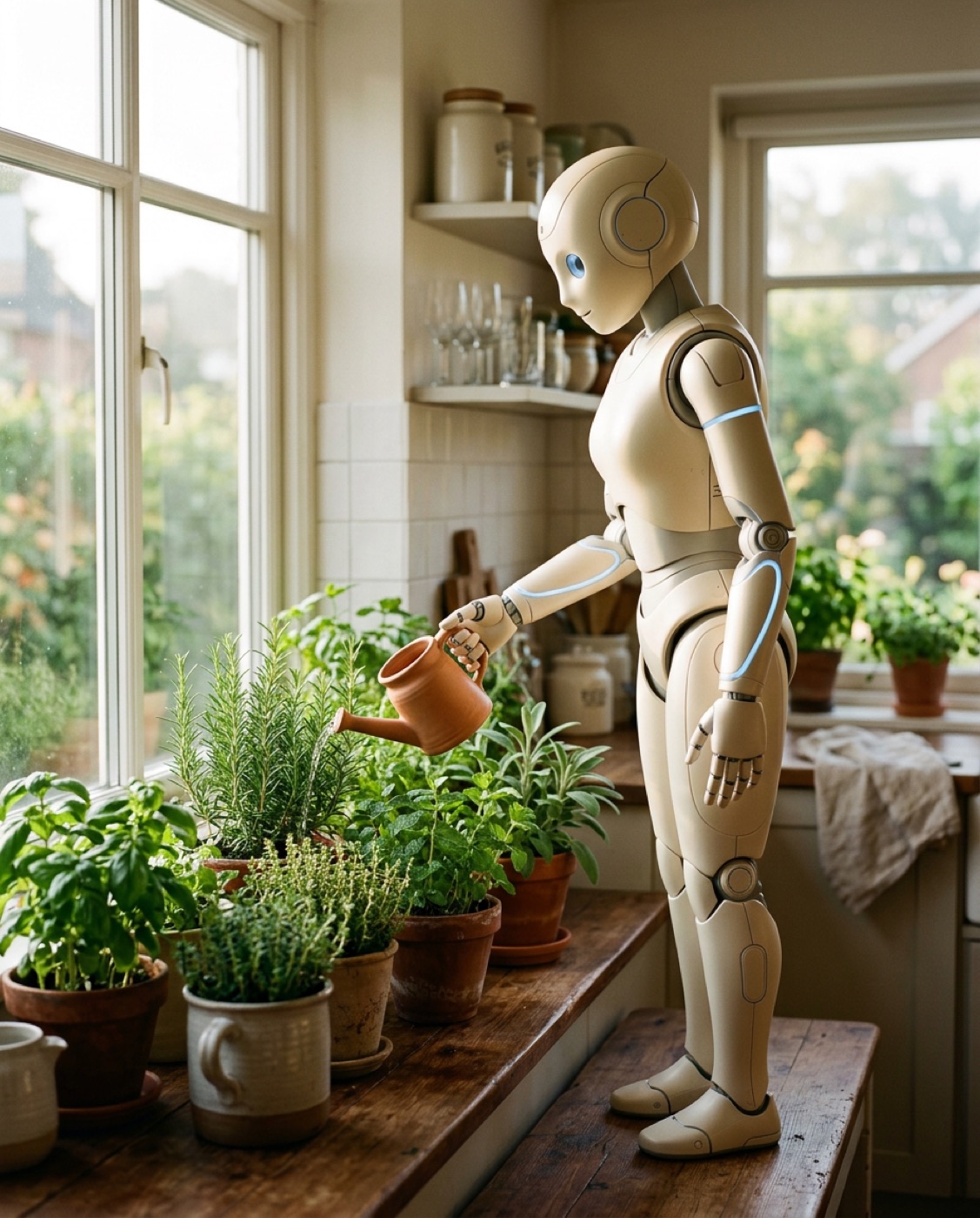Mira watering a windowsill of herbs in a bright kitchen with a terracotta can