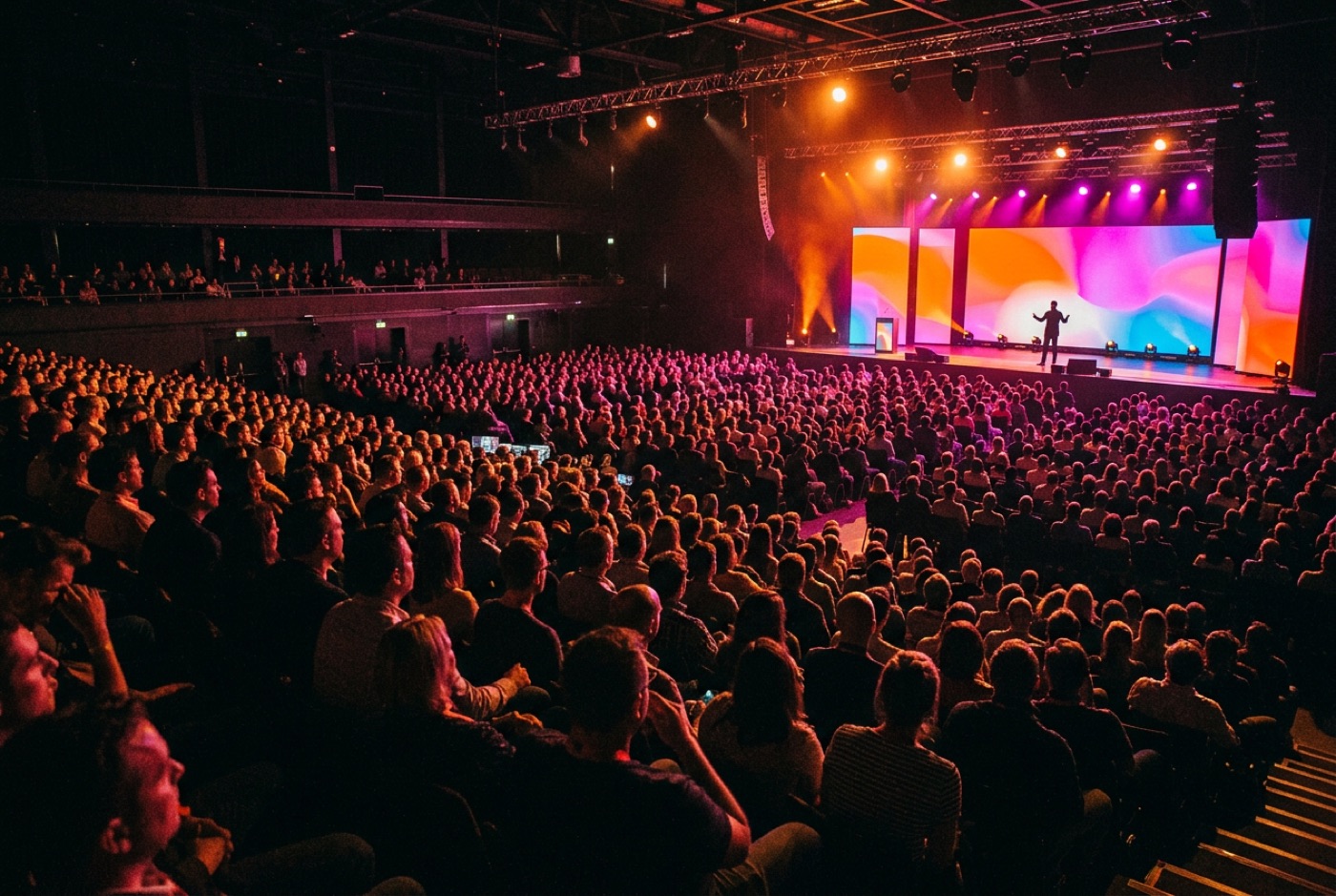 A packed hall of attendees facing a lit stage with a colourful projection wall