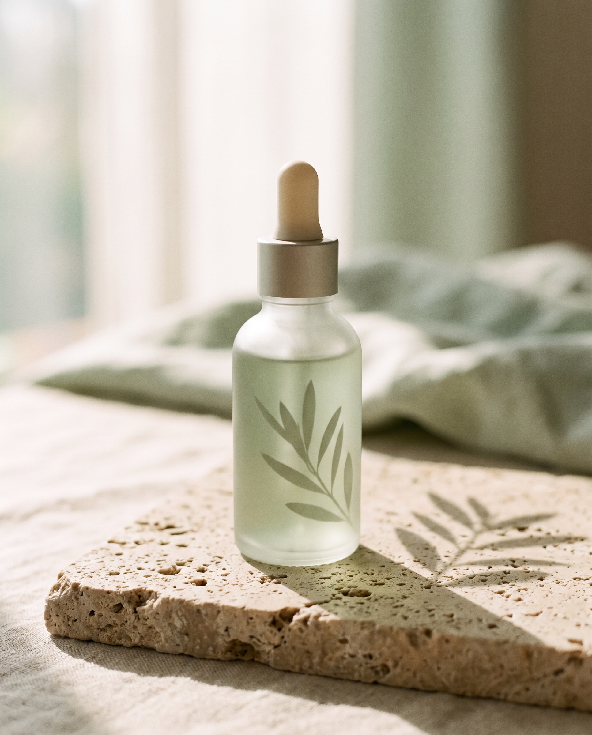 A frosted glass dropper bottle with a leaf mark on a travertine tray in soft morning light