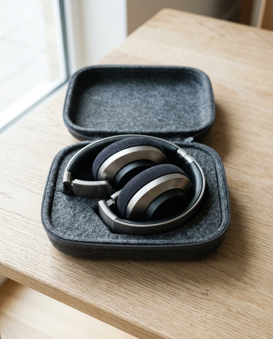 Sonde One folded inside its grey felt-lined case on an oak table by a window