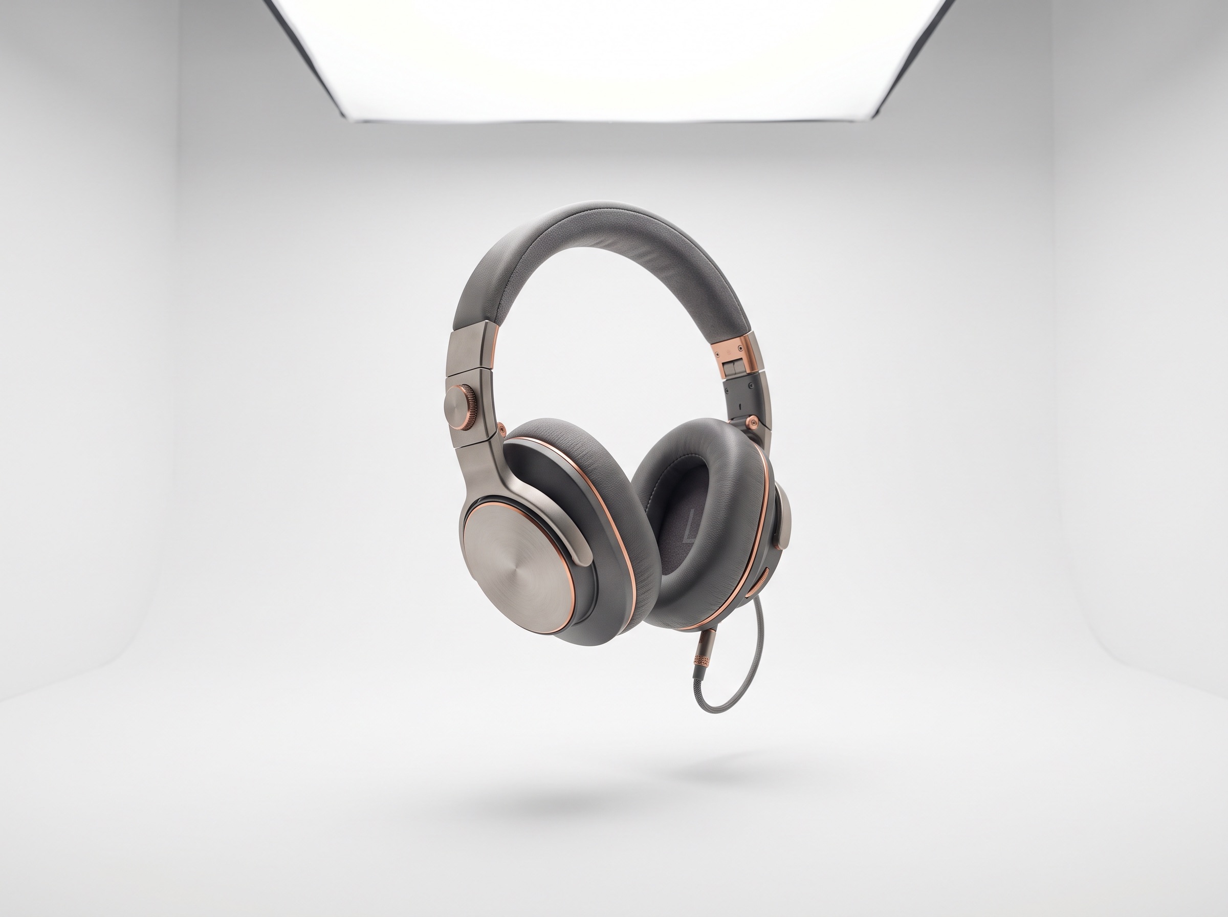 Sonde One over-ear headphones in titanium and copper floating in a white photography studio