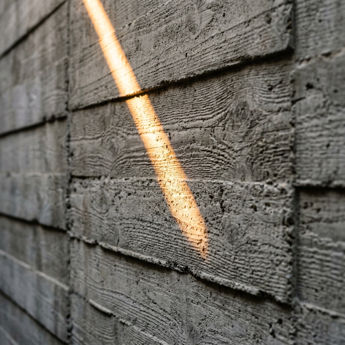 Close view of board-formed concrete with a single line of warm light falling across the timber grain