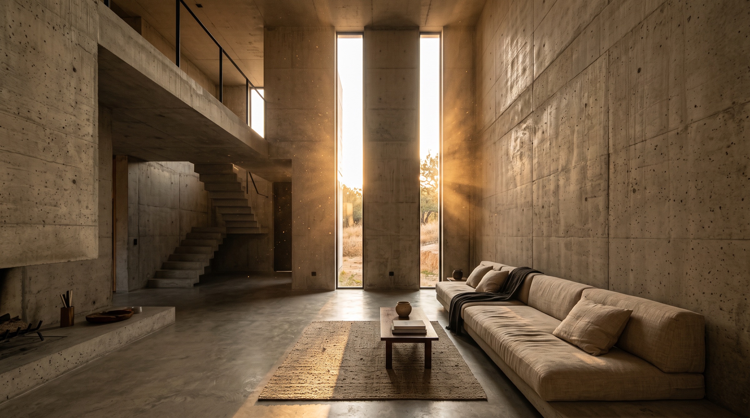 Concrete double-height living space with two tall slot windows letting shafts of low sun across the floor