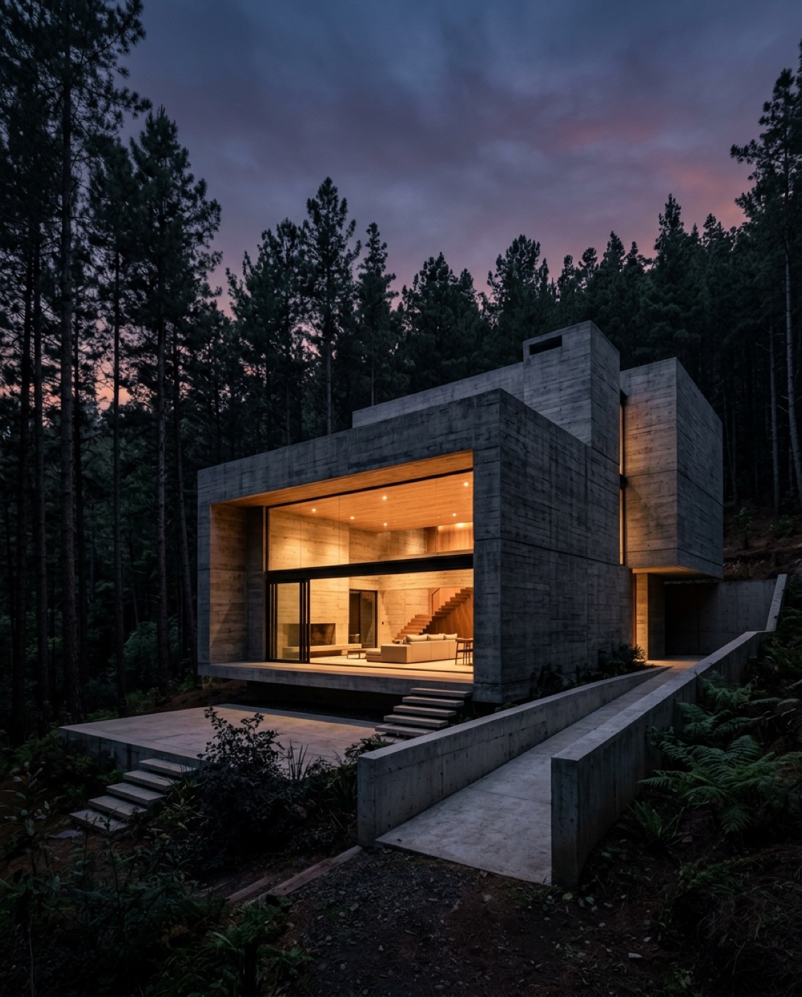 A board-formed concrete house with a glowing glass front set into pine forest at dusk