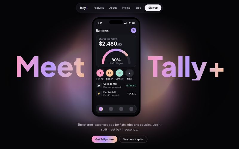 Tally+ website design, first screen